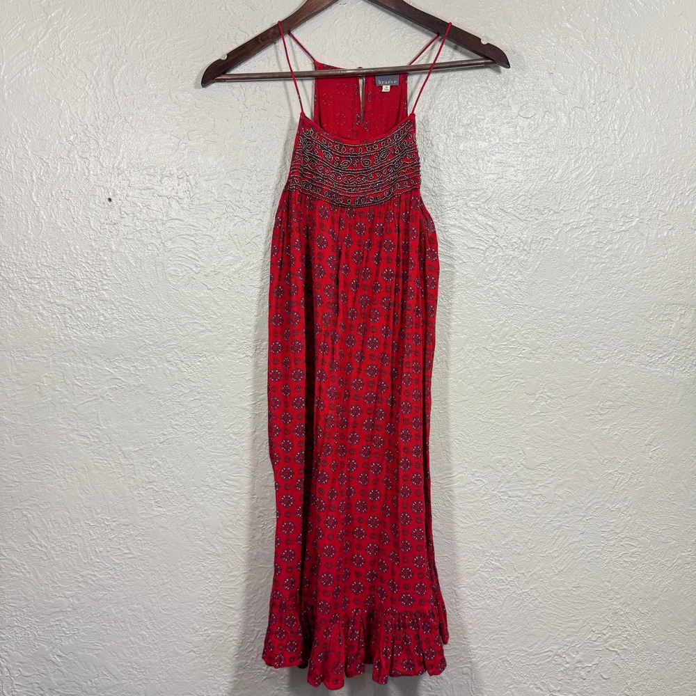 Evereve Braeve Beaded Dress Sundress Sm Gauzy Keyhole Ruffle Indie Boho Festival